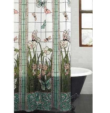 Waterproof Shower Curtain Stained Glass Meadow Flower Dragonfly Print Polyester Fabric Bath Curtain Decoration Plastic