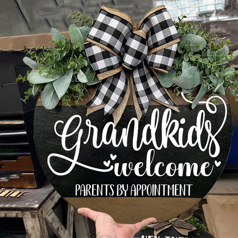 Wooden Grandkids Welcome Parents by Appointment Front Door Sign, 1 Count Bow Decor Letter Printed Hanging Decoration, Home Decor for Front Porch