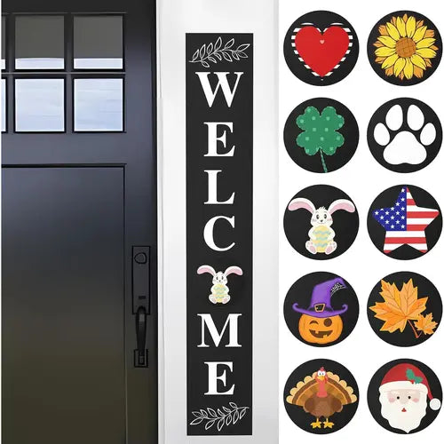 Welcome Sign for Front Door, Wood Outdoor Welcome Sign for Front Porch Standing with 10 Interchangeable Holiday Icons for Front Porch Decor Front Door Decorations, 47" x 7.9", Black