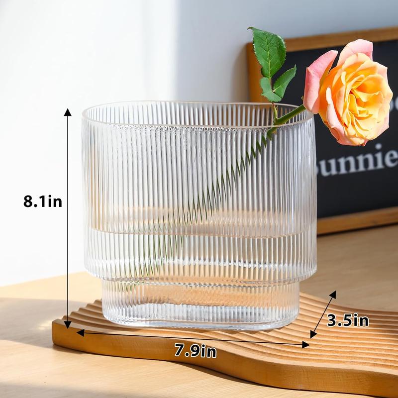 CEWOR Ribbed Clear Glass Vase Aesthetics Flower Vases 8 Inch for Centerpieces Modern Fluted Design for Wedding Dinner Table and Bedroom and Home Decor