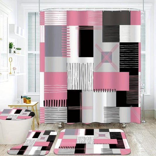 Geometric Pattern Bathroom Set (4 Counts/set), Including 1 Count Waterproof Shower Curtain (with 12 Hooks), 1 Count Toilet Lid Cover, 1 Count Rectangular Mat & 1 Count U-shaped Mat, Bathroom Accessories for Home Decor