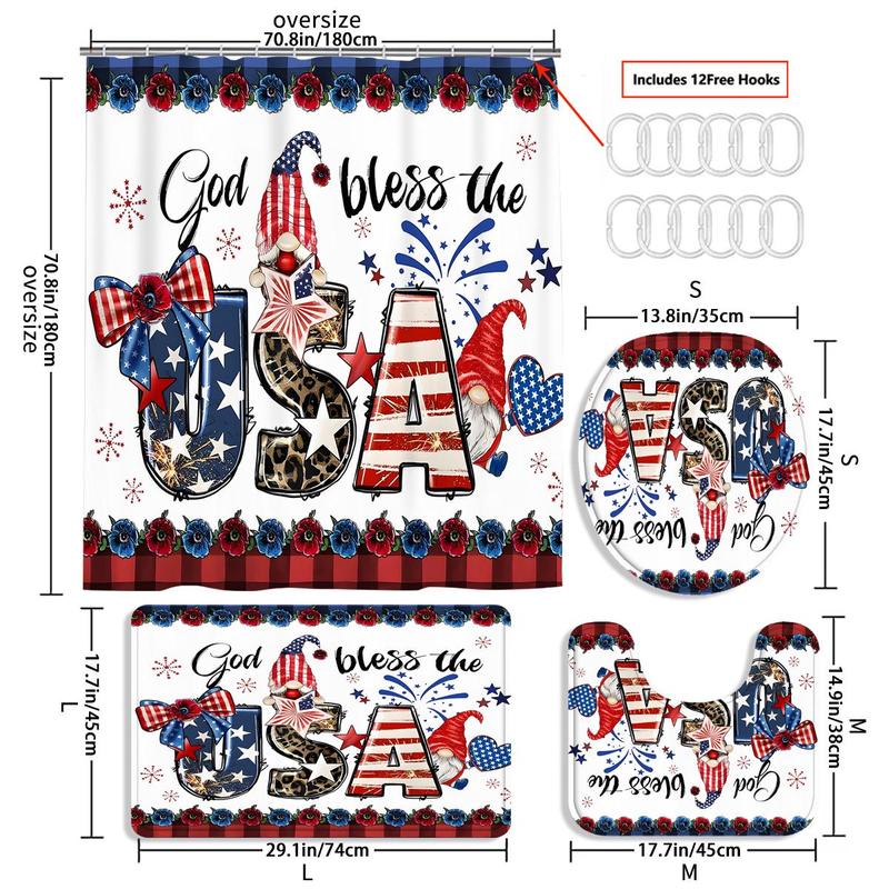 Independence Day Themed Bathroom Accessories, Shower Curtain Set, Letter & Star Pattern Bathroom Curtain & Toilet Mat, Bathroom Decor Supplies