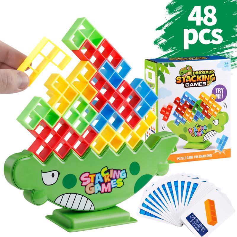 48Pcs Dinosaur Balance Stacking Game, Tetra Tower Board Game, Stack Attack Game for Kids & Adults, Family Parties, Travel, and Team Building, Christmas Gifts