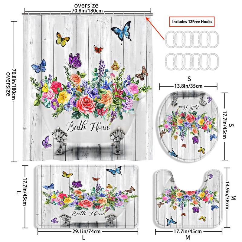 Butterfly & Floral Pattern Bathroom Set, Including Bathroom Curtain & Toilet Mat & Toilet Cover & Bath Mat, Bathroom Decor Supplies