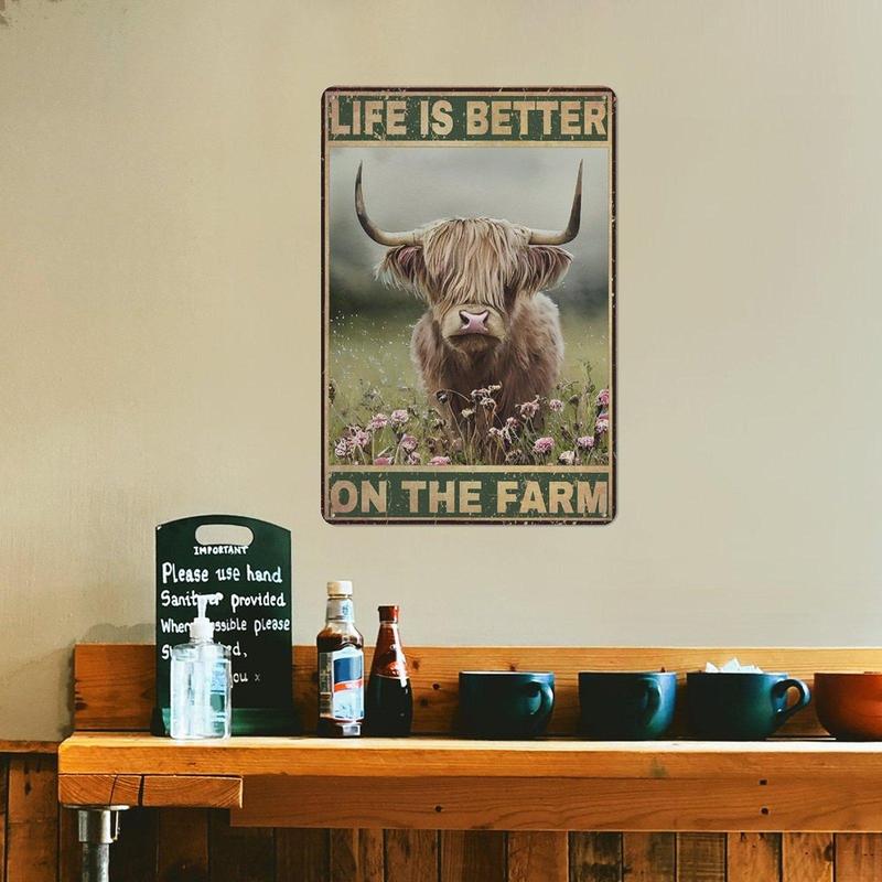 Highland Cow Pattern Retro Metal Sign, 1 Piece Funny Cow Art Retro Poster, Vintage Metal Sign For Cafe & Home