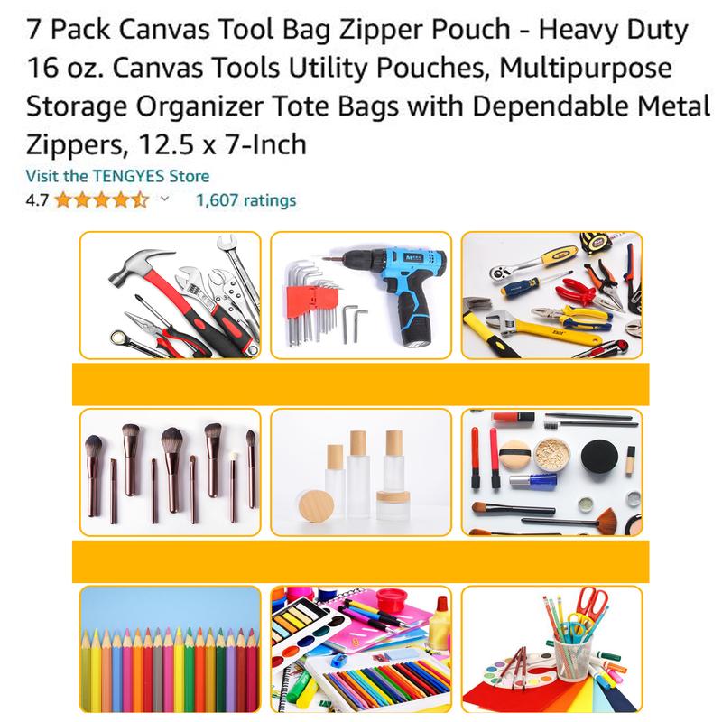 7 Pack Canvas Tool Bag Zipper Pouch - Heavy Duty 16 oz. Canvas Tools Utility Pouches, Multipurpose Storage Organizer Tote Bags with Dependable Metal Zippers, 12.5 x 7-Inch gang box