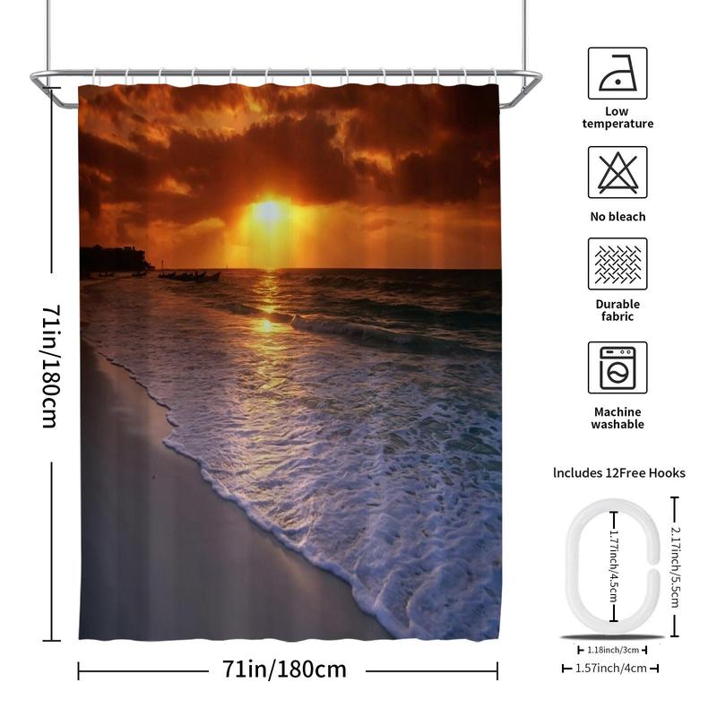 Romantic?Sunset Beach Pattern Shower Curtain, Waterproof Bathroom Curtain with Hooks, Bathroom Accessories, Home Decoration