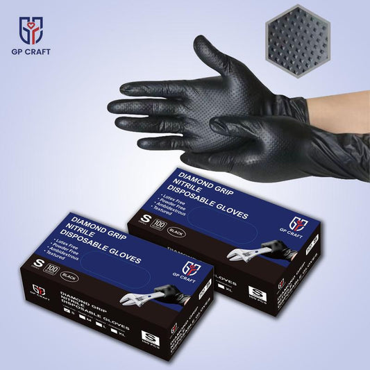 GP Craft  8Mil Diamond Textured Black Nitrile Gloves (Automative Work) Cleaning Hand Cover