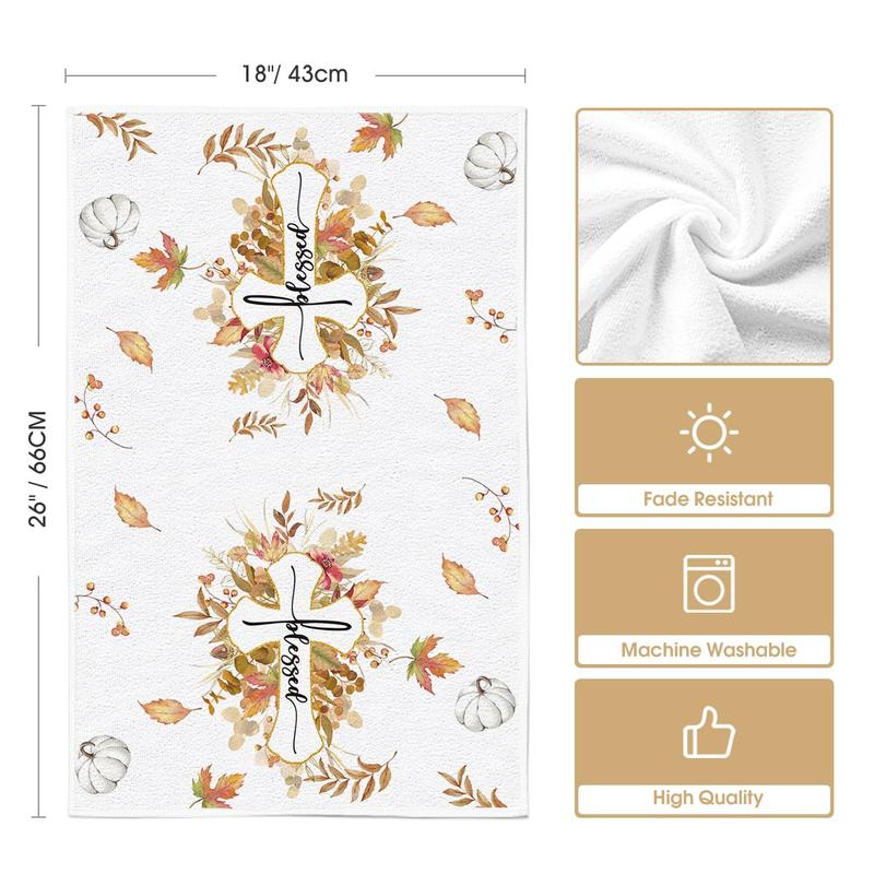 Maple Leaves Pumpkin Fall Kitchen Towels Dish Towels, 18x26 Inch Cross Blessed Thanksgiving Decoration Hand Towels Set of 2   Absorbent Household