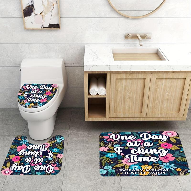 Floral & Letter Pattern Bathroom Decor Set, 4 Counts Non-slip Bath Mat & U-shaped Commode Contour Rug & Toilet Lid Mat & Shower Curtain with 12 Hooks, Bathroom Accessories