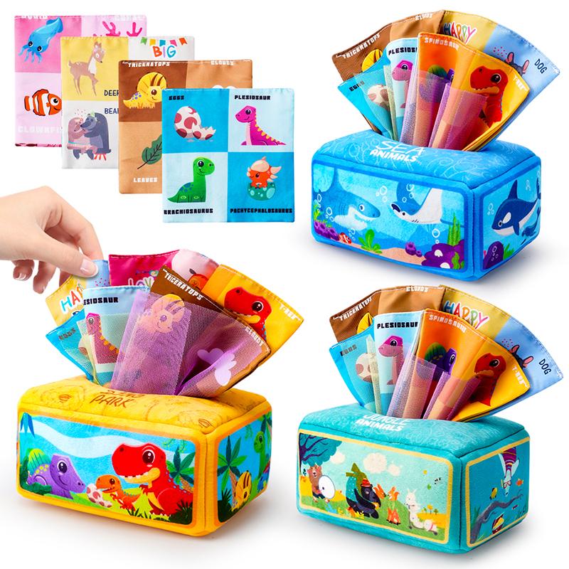 1count Baby Tissue Box - Montessori Infant Toys 5 Months Baby Tissue Box Learning Toy, Infant And Toddler Educational Toys With 3 Rattle Cloths And 10 Saran Wraps