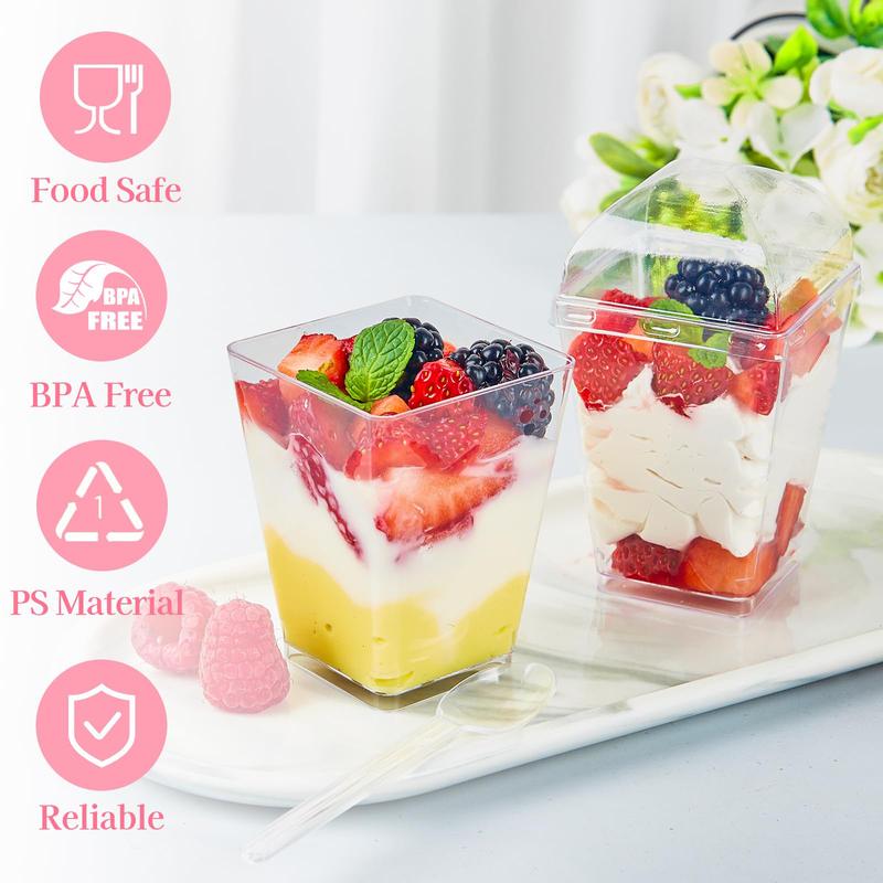 50 Pack 5 oz Mini Dessert Cups with Lids and Spoons, Square Clear Plastic Dessert Shooters Party Serving Tumbler Cups for Parfait Appetizers & Dessert Shot Glasses (Dome) Disposable