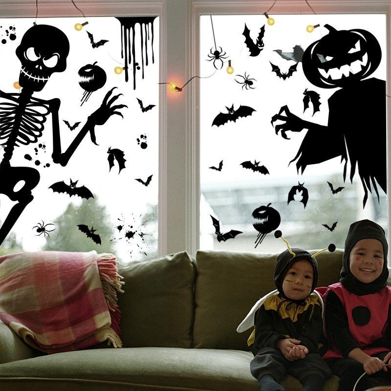 1 Sheet Halloween Window Clings, Black Ghost Bat Skull Window Clings, Spooky Reusable Static Window Stickers, Halloween Decoration, Party Supplies