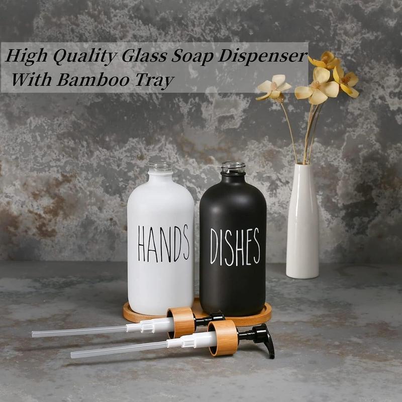 Glass Soap Dispenser Set, Contains Glass Hand Soap Dispenser and Glass Dish Soap Dispenser with Wooden Base Suitable for Black and White Kitchen Decor