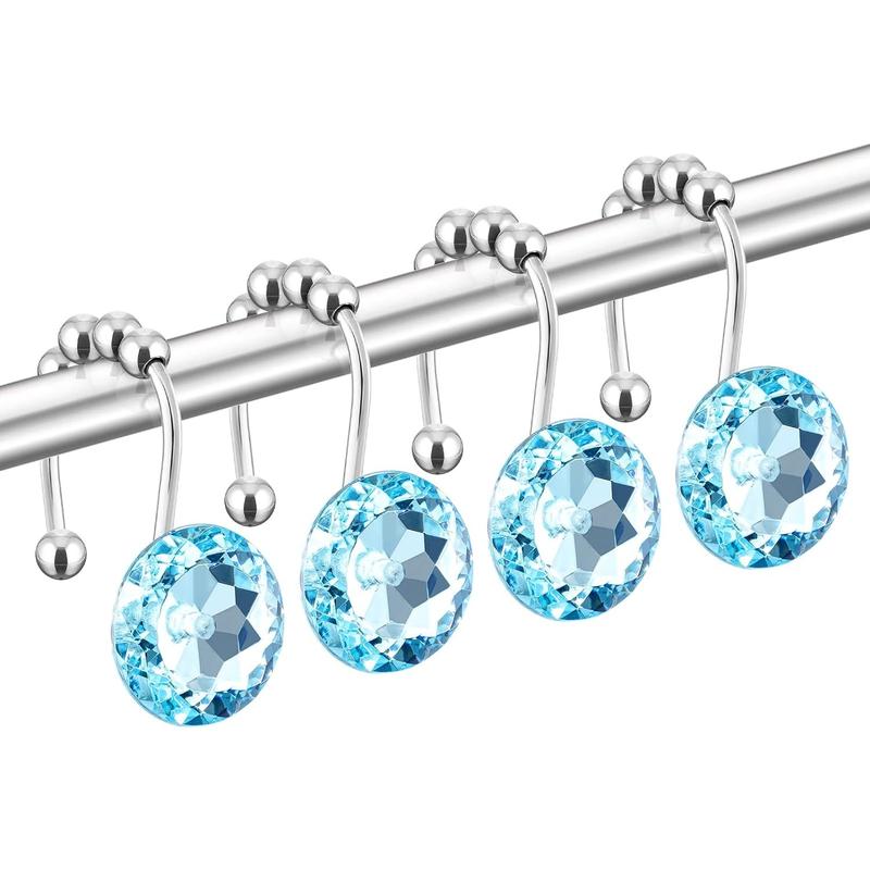 HBlife 12 Pcs Acrylic Decorative Rolling Diamond Shower Curtain Hooks Rust Proof with Glide Balls Rhinestones Crystal Bling Shower Curtain Hooks for Curtain and Shower Rod, Clear Round