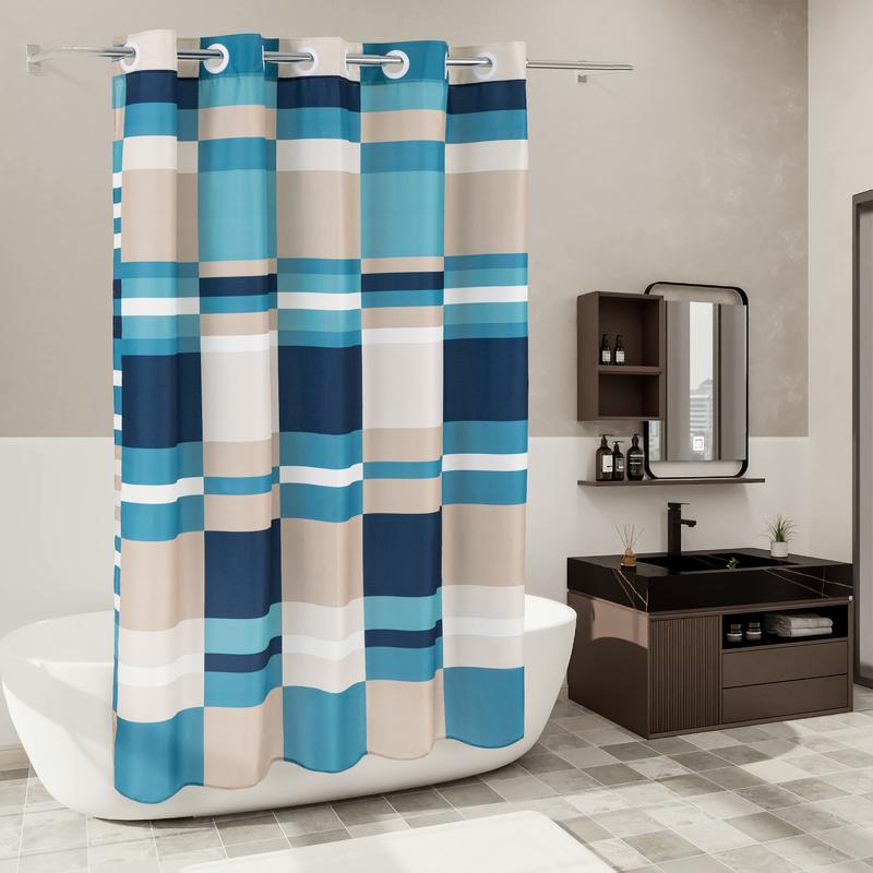 River Dream Modern Geometric Fabric Shower Curtain with Patchwork Plaid Designs,No Hooks Needed,with Magnets,Lake Blue,71x74Inches,New Year gifts