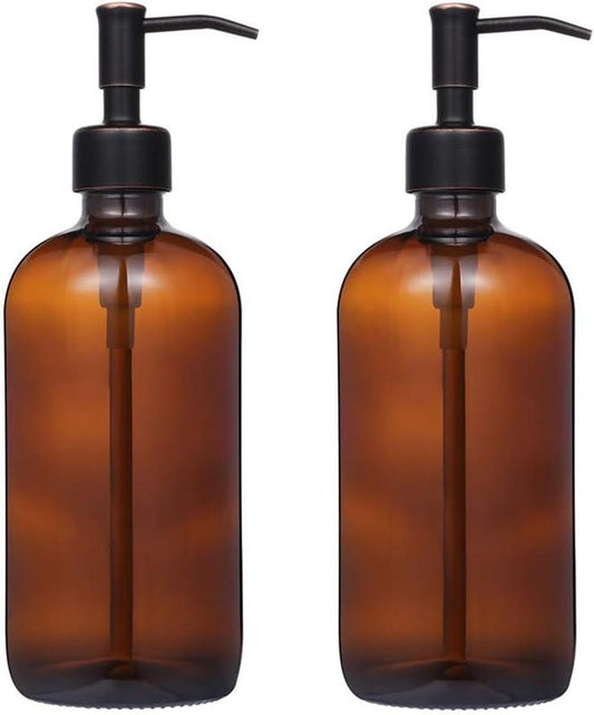 2 Pack Thick Amber Glass Pint Jar Soap Dispenser with Oil Rubbed Bronze Stainless Steel Pump, 16ounce Boston Round Bottles Dispenser with Rustproof Pump for Essential Oil, Lotion Soap Set