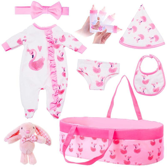 8 Pcs Baby Doll Clothes with Bassinet for 17-22 Inch Baby Doll, Baby Doll Clothes Outfit Accessories Fit Reborn Doll, Include Bib, Bottle, Blanket, Rabbit Toy