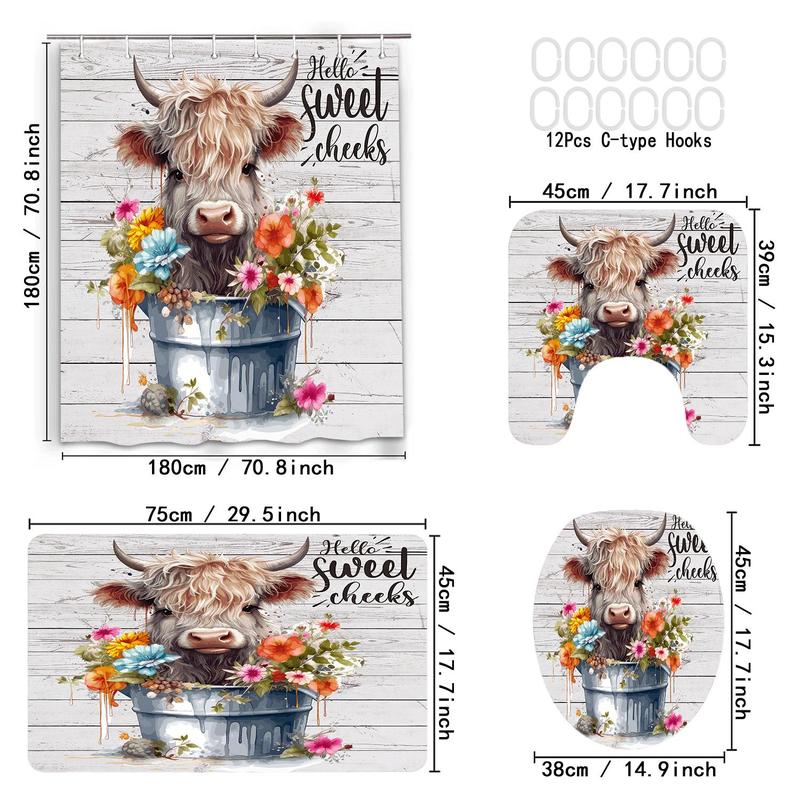 Cow & Flower Pattern Bathroom Set, 4 Counts/set Cute Cow & Flower Pattern Bathroom Curtain & Toilet Lid Mat & Bathroom Rug, Bathroom Accessories Set, Home Decor, Home Accessories, Room Decor Set