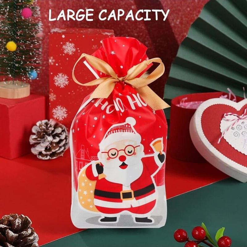 Christmas Theme Party Candy Gift Storage Bag, 50pcs/set?Cartoon Santa Claus Pattern Party Favor Bag With Drawstring, Candy?Bag, Christmas Party Supplies