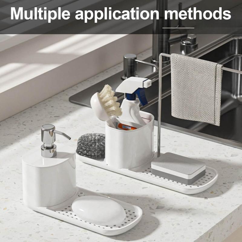 Kitchen Soap Dispenser Set with Tray and Sponge Holder, Dish and Hand Soap Dispenser with Dishcloth Holder 3-in-1 Kitchen Sink Countertop Storage Organizer,Includes Dish Towel and Sponge(White)