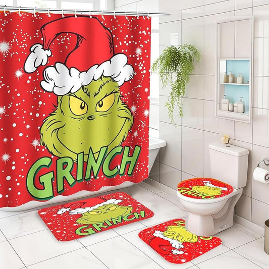 4 Piece Set with Shower Curtain Non-Slip Mat Toilet Cover Cover and Shower Mat with 12 Hooks Holiday Home Decoration