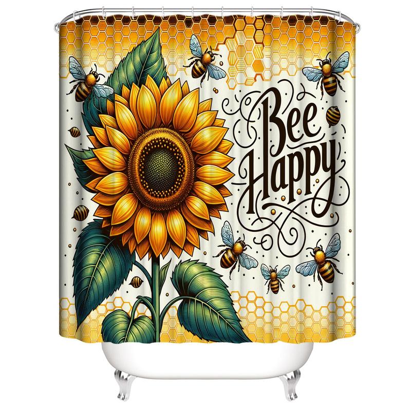 Sunflower & Bee & Letter Pattern Shower Curtain, 1 Count Waterproof Shower Curtain with Hooks, Bathroom Accessories for Home Dorm Hotel