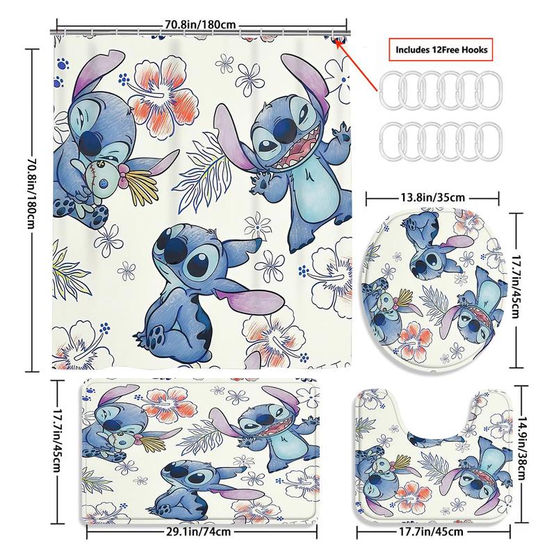 Cartoon Stitch Pattern Bathroom Curtain with Hooks, 1 Count Waterproof Shower Curtain or 4 Counts/set Shower Curtain & Mat Set, Bathroom Accessories