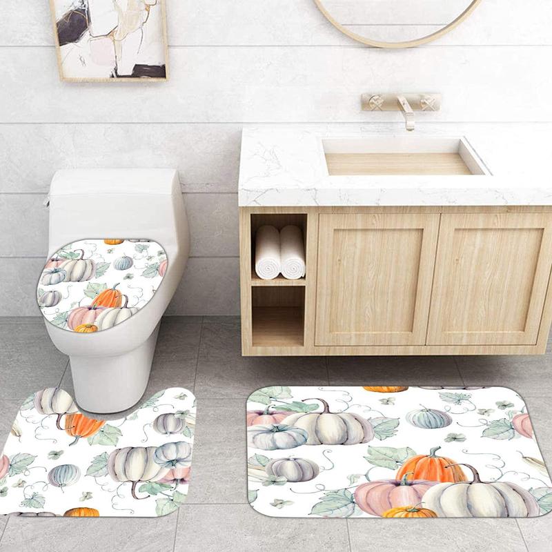 Pumpkin Pattern Bathroom Shower Curtain with Hooks, U-shaped Contour Toilet Mat, Bath Mat, Toilet Lid Seat Cover, Halloween Home Bathroom Decoration Supplies