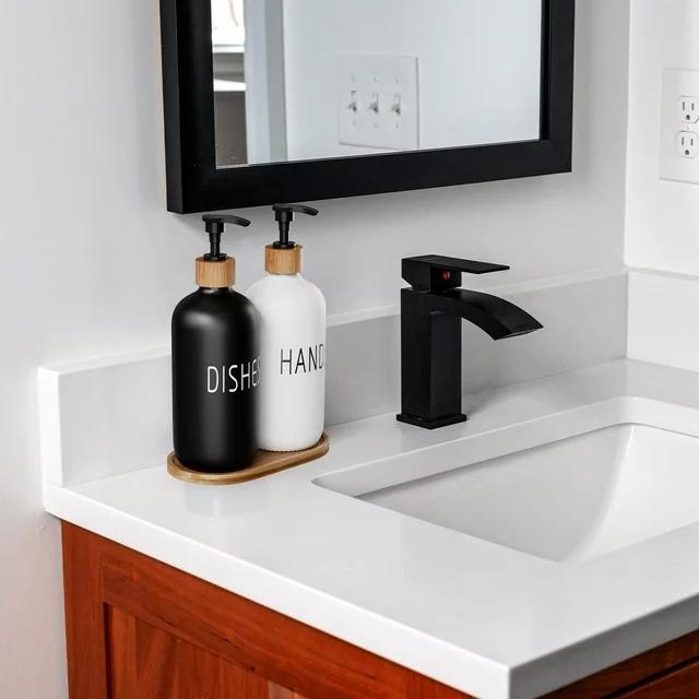 Glass Soap Dispenser Set, Contains Glass Hand Soap Dispenser and Glass Dish Soap Dispenser with Wooden Base Suitable for Black and White Kitchen Decor