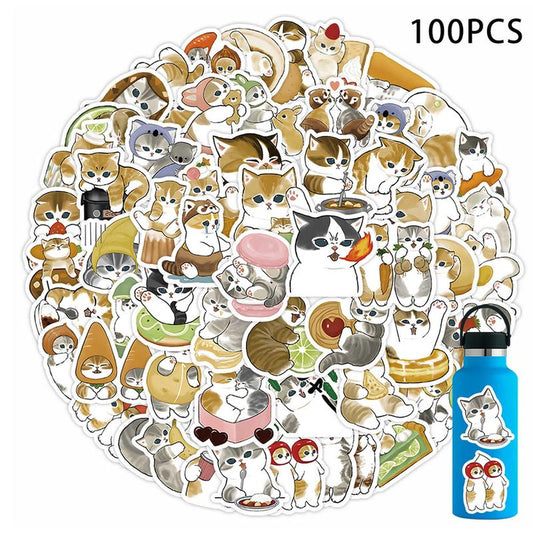 Cartoon Cat Pattern Sticker, 100pcs/set Waterproof Self Adhesive Decor Paper, Decor Sticker for Gift Greeting Card Waterbottle Laptop Phone