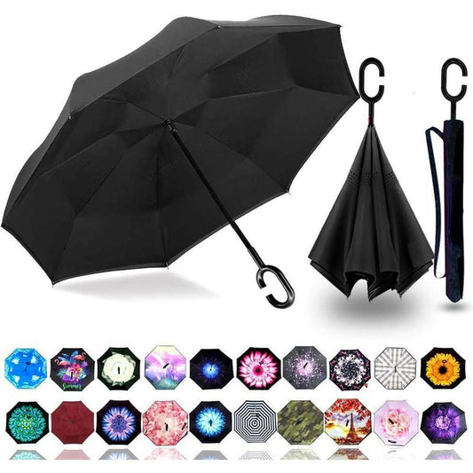 40/49/56 Inch Large Windproof Inverted Reverse Upside Down Umbrella, C-Shaped Handle, Double Layer, Stick Rain Umbrella for Men, Women  (Black, 49 Inch)