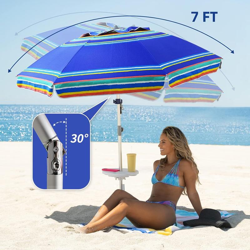 7ft Heavy Duty High Wind Beach Umbrella Parasols with sand anchor &amp; Tilt Sun Shelter,  Protection Outdoor Sunshade Umbrellas Carry Bag for Patio Garden Pool Backyard Stripe Blue