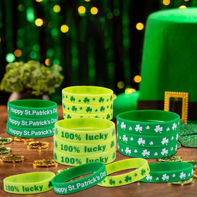 Rubber Wristband, 24pcs Lucky Shamrock?Leaf Clover Pattern Bracelet Set, Party Decoration Supplies for Gifts Festive, Party Favors, Spring Ornaments