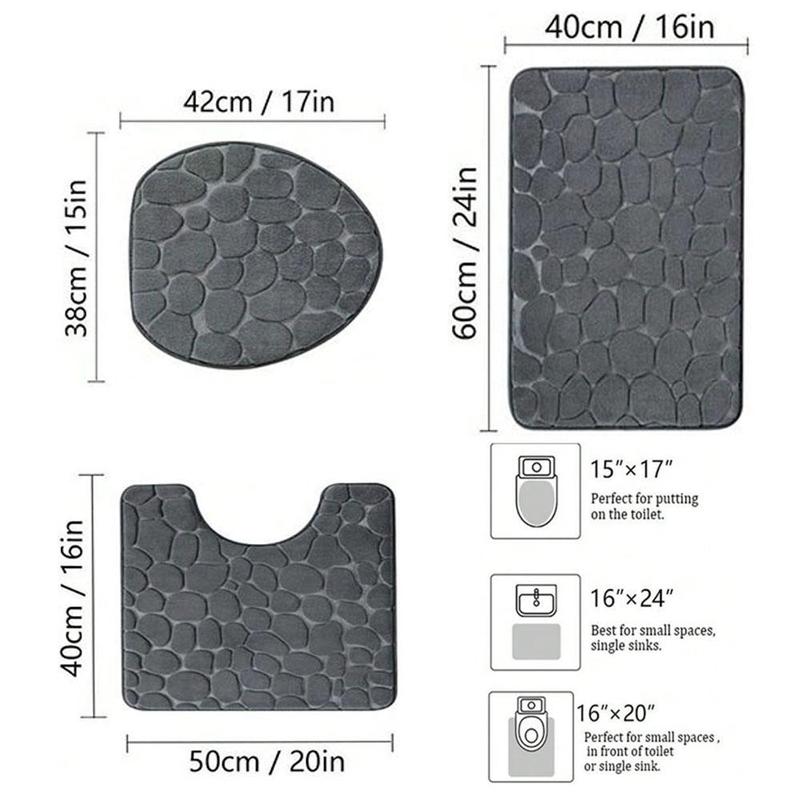 Cobblestone Pattern Bathroom Mat Set, 3pcs Solid Color Non-slip Soft Bathroom Mat Set, Bathroom Mat, U-shaped Toilet Rug, Toilet Lid Cover, Water Absorbent Bathroom Rug, Bathroom Accessories