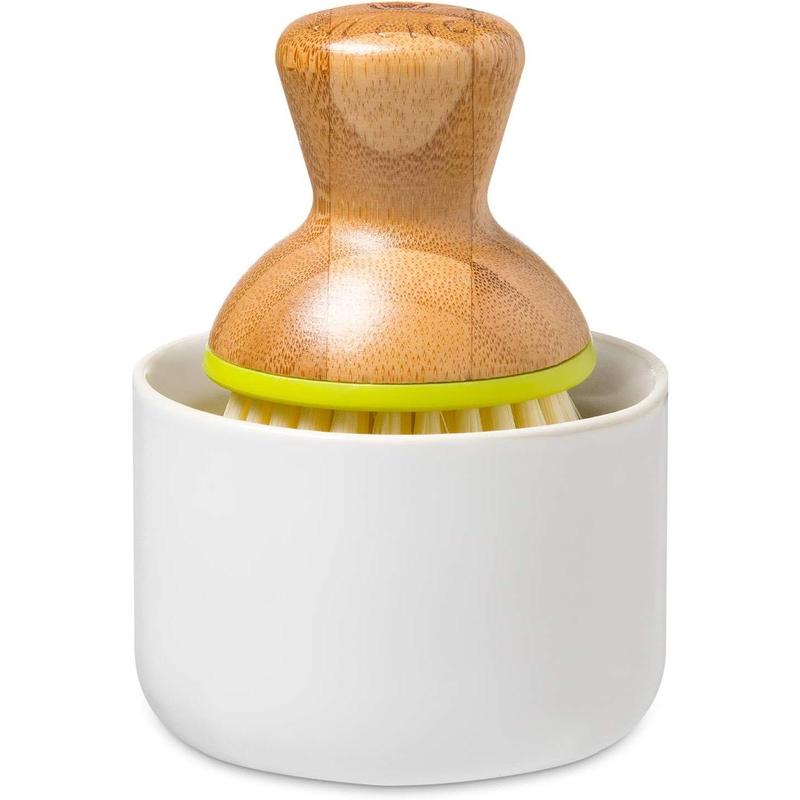 Bubble Up Ceramic Soap Dispenser & Bamboo Handle Dish Brush - Replaceable Kitchen Dish Scrubber with Soap Holder, White