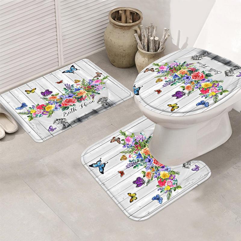 Butterfly & Floral Pattern Bathroom Set, Including Bathroom Curtain & Toilet Mat & Toilet Cover & Bath Mat, Bathroom Decor Supplies