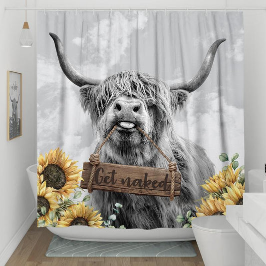 Extra-Long Shower Curtains 96 Inches, Funny Western Get Naked Shower Curtain Set Country Sunflower Bathroom Decor Polyester Fabric