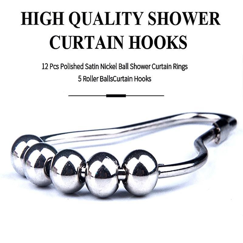 Stainless Steel Metal Beaded Decor Shower Curtain Hook, Easy Installation Bathroom Shower Curtain Ring, Shower Curtain Ball Hanging Ring Accessory