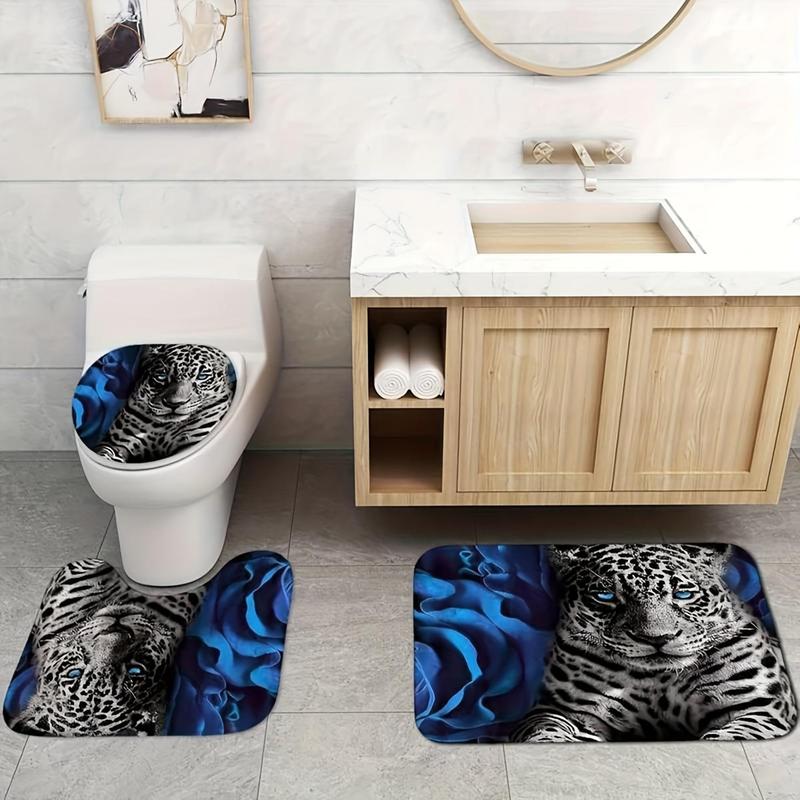 Leopard & Rose Pattern Bathroom Accessories (4 Counts), Including Waterproof Shower Curtain, Toilet Lid Cover, Mat & U-shaped Mat, Summer Fathers Day Gift