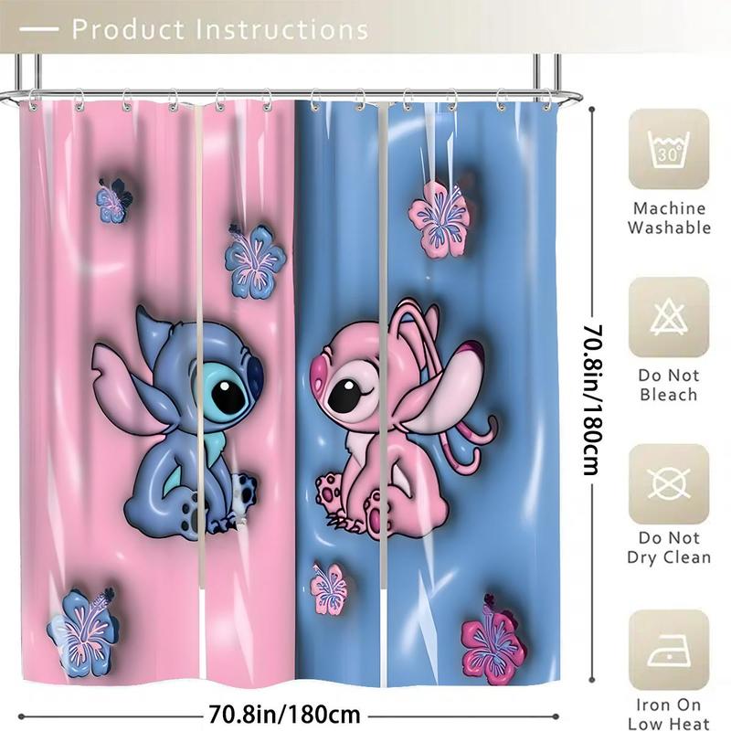 Cartoon Stitch Pattern Bathroom Curtain with 12 Hooks, Anti-slip Bathroom Carpet, U-shaped Toilet Mat, Toilet Cover Mat, Bathroom Decor, Bathroom Supplies, Trending Home Decor 2024