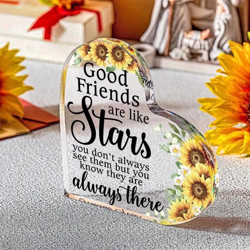 Heart Shaped Sunflower & Letter Pattern Acrylic Ornament, 1 Count Acrylic Decoration Craft, Desk Decorative Plaque for Home, Party, Wedding, Room Decor, Gifts for Friends