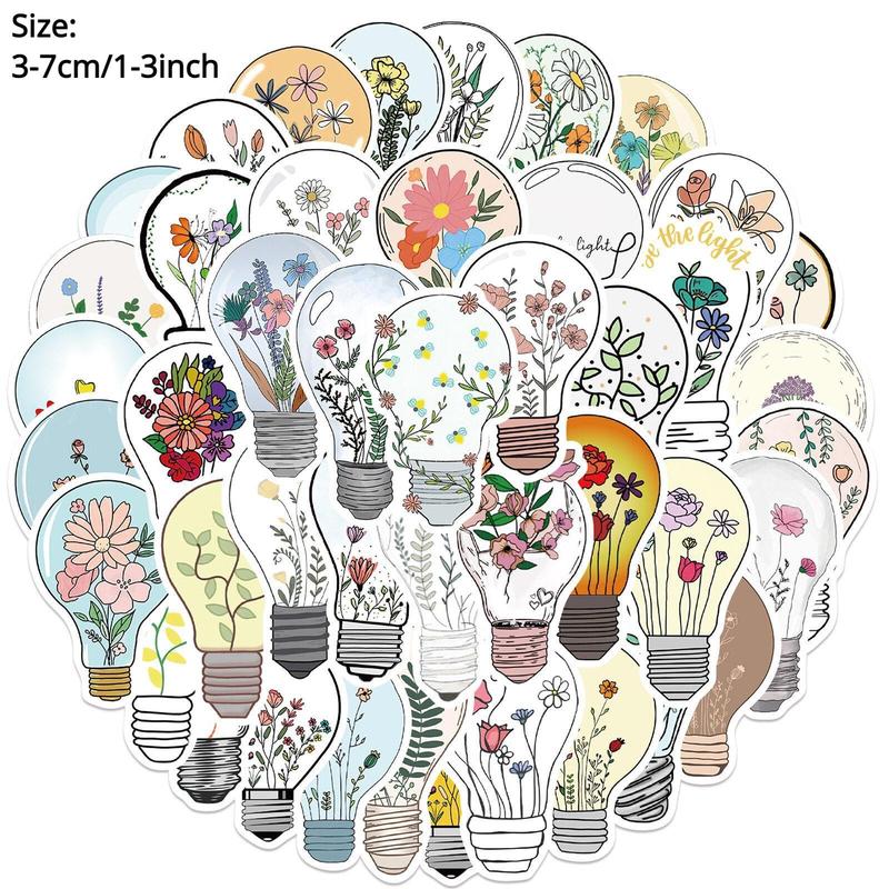 Cartoon Flower & Lamp Bulb Pattern Decorative Sticker?For Creative DIY, 50pcs?Scrapbooking & Journal Making Material Paper, DIY Decorative Sticker Sets