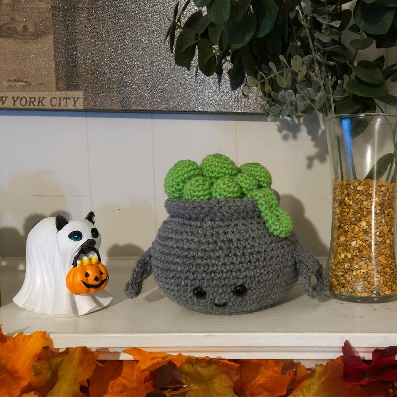 Crocheted Cauldron with Bubbling Potion - Halloween Whimsy Decor for Home