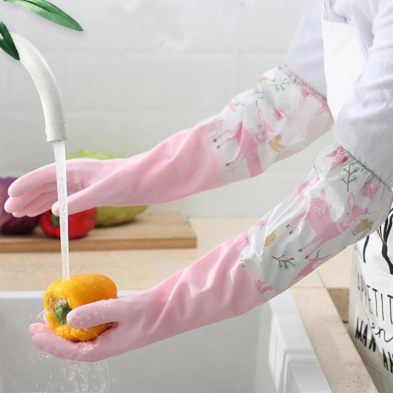 1 Pair Cartoon Pattern Dishwashing Gloves, Reusable Household Cleaning Gloves, Portable Long Sleeve Cleaning Gloves for Home