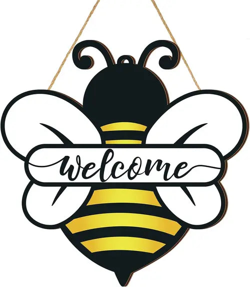 Shellwei Wood Welcome Sign, Bee Theme, Front Door Decor, 12 x 12 inches, Signage, Modern Style, Indoor & Outdoor Usage