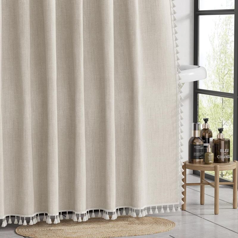 AmazerBath Shower Curtain, Natural Linen Farmhouse Shower Curtain with 3 Side Beige Tassel, Modern Fabric Shower Curtain Boho for Neutral Country Bathroom, 72"x72"