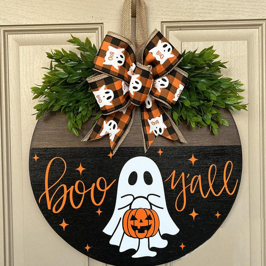 Pumpkin Boo Halloween Welcome Sign for Front Door,?Halloween Decoration, Wooden Halloween Door Hanger, Boo Y'all Halloween Wreath,?Festive & Party Supplies