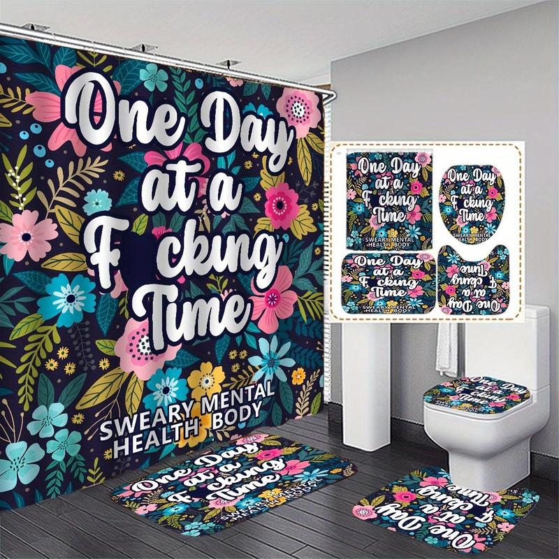 Floral & Letter Pattern Bathroom Decor Set, 4 Counts Non-slip Bath Mat & U-shaped Commode Contour Rug & Toilet Lid Mat & Shower Curtain with 12 Hooks, Bathroom Accessories