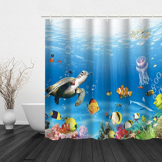 Cartoon Sea Life Pattern Shower Curtain, Cute Bathroom Waterproof Curtain with 12pcs Hooks, Machine Washable Bath Curtain for Home Decor